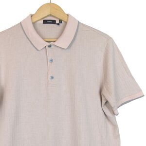 Theory Polo Shirt Mens L Pink Gray Pima Cotton Ticking Jacquard Preppy Golf